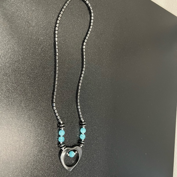 Hamatite Blue Bead Open Heart Necklace Black - Picture 3 of 3